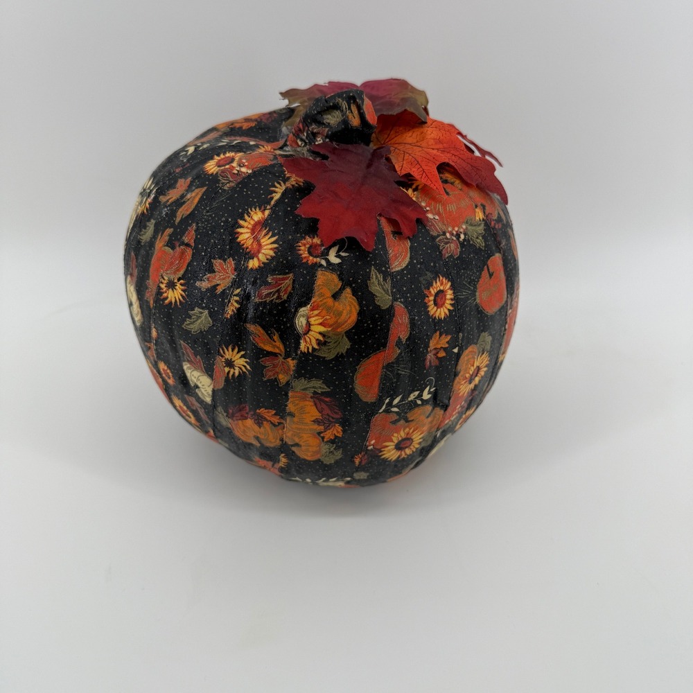 Handmade Decoupage Pumpkin with Fall Floral Design & Leaves – Autumn Table Decor